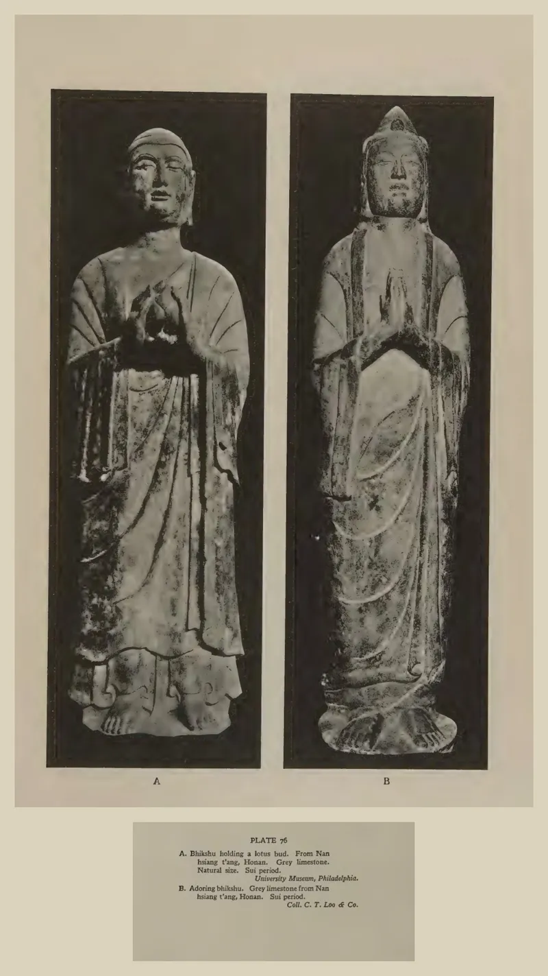 1929年，喜仁龙《A History of Early Chinese Art》Plate 76：来自南响堂山的两件石灰岩比丘像